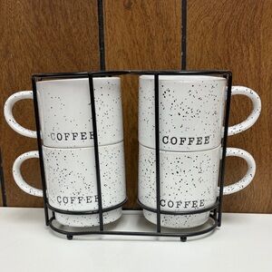 Speckled White Coffee Mugs Set with Rack